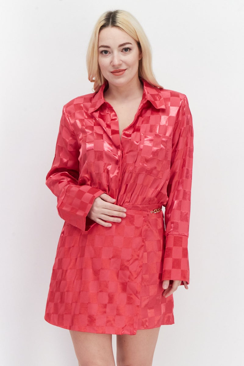 RIVER ISLAND Women Checkered Long Sleeve Play Suite, Dark Pink - Image 1