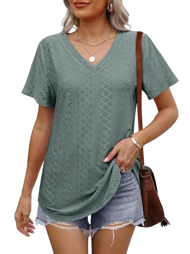 OFEEFAN Womens Tops Dressy Casual V Neck Short Sleeve Cute Plus Size T Shirts 2025 Spring Flowy Tees Summer Beach Vacation Outfits for Women Fashion Clothes Clothing Green 2XL - Image 2