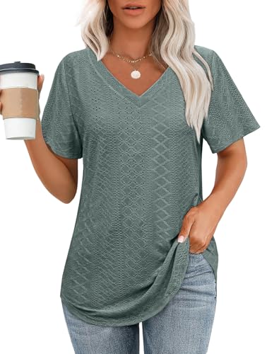 OFEEFAN Womens Tops Dressy Casual V Neck Short Sleeve Cute Plus Size T Shirts 2025 Spring Flowy Tees Summer Beach Vacation Outfits for Women Fashion Clothes Clothing Green 2XL - Image 1
