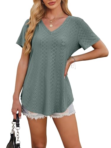 OFEEFAN Womens Tops Dressy Casual V Neck Short Sleeve Cute Plus Size T Shirts 2025 Spring Flowy Tees Summer Beach Vacation Outfits for Women Fashion Clothes Clothing Green 2XL - Image 4