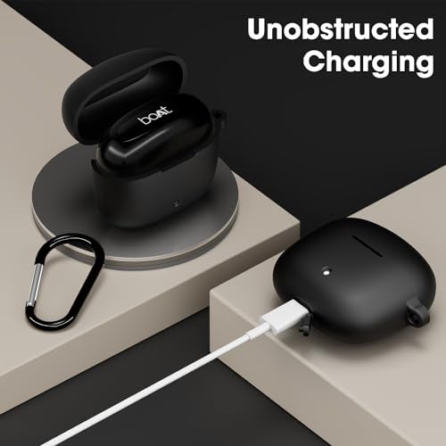 Sounce Earphone Case Cover Compatible for Boat Airdopes 200 Plus, Soft Silicone Skin Case Cover Shock-Absorbing Protective Case with Keychain - Black - Image 3
