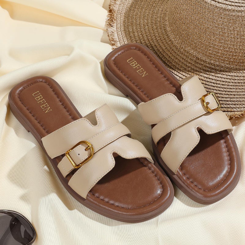 UBFEN Womens Flat Sandals Comfortable Dressy Slides Open Toe Slip On Beach Vacation Summer Casual Khaki Size US 9 - Image 3
