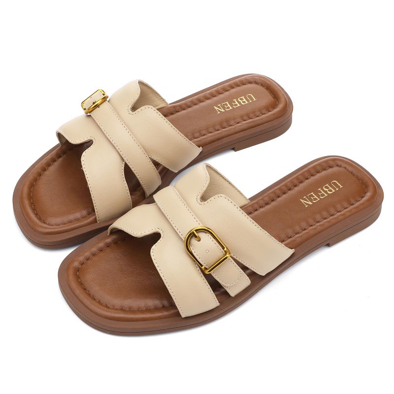 UBFEN Womens Flat Sandals Comfortable Dressy Slides Open Toe Slip On Beach Vacation Summer Casual Khaki Size US 9 - Image 5