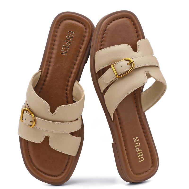 UBFEN Womens Flat Sandals Comfortable Dressy Slides Open Toe Slip On Beach Vacation Summer Casual Khaki Size US 9 - Image 1