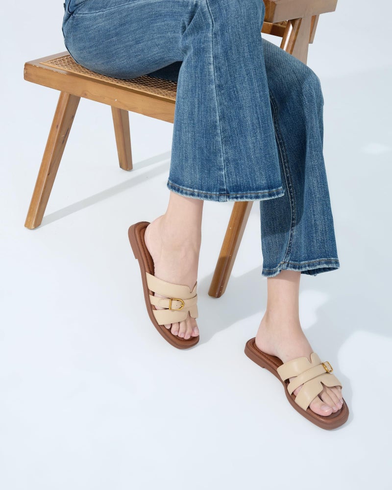 UBFEN Womens Flat Sandals Comfortable Dressy Slides Open Toe Slip On Beach Vacation Summer Casual Khaki Size US 9 - Image 2