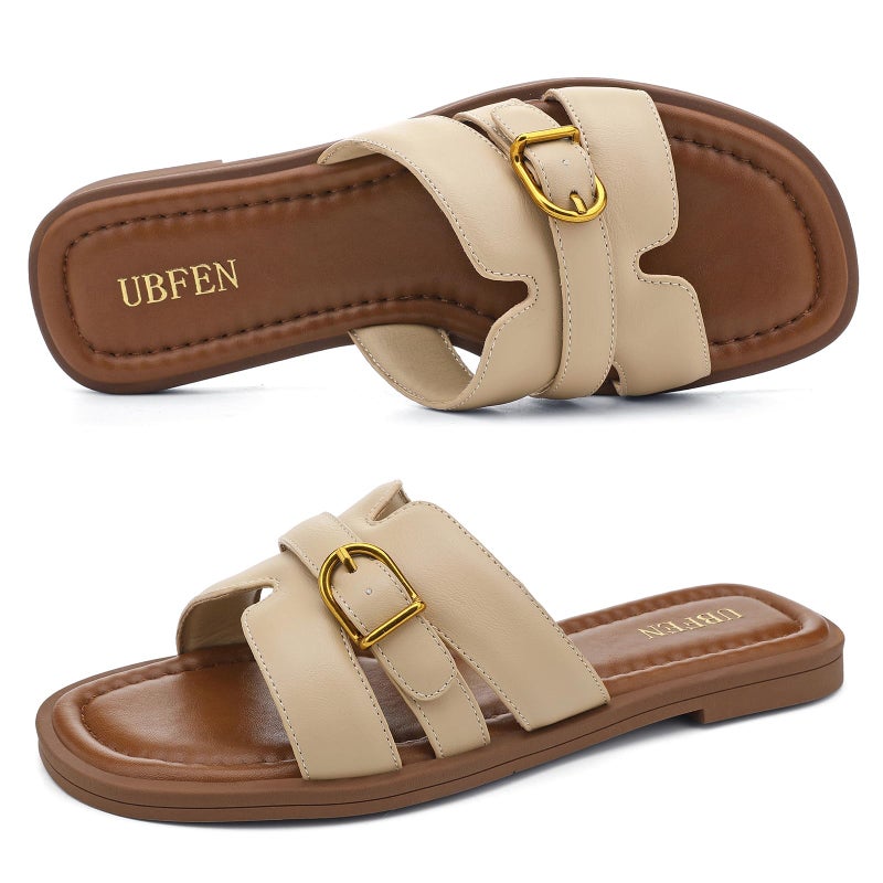UBFEN Womens Flat Sandals Comfortable Dressy Slides Open Toe Slip On Beach Vacation Summer Casual Khaki Size US 9 - Image 4