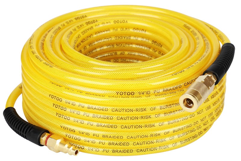 YOTOO Reinforced Polyurethane Air Hose 14 Inner Diameter by 100 Long Flexible Heavy Duty Air Compressor Hose with Bend Restrictor 14 Swivel Industrial Quick Coupler and Plug Yellow - Image 2