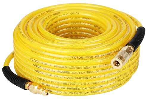 YOTOO Reinforced Polyurethane Air Hose 14 Inner Diameter by 100 Long Flexible Heavy Duty Air Compressor Hose with Bend Restrictor 14 Swivel Industrial Quick Coupler and Plug Yellow - Image 1