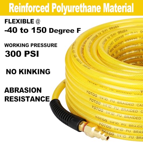 YOTOO Reinforced Polyurethane Air Hose 14 Inner Diameter by 100 Long Flexible Heavy Duty Air Compressor Hose with Bend Restrictor 14 Swivel Industrial Quick Coupler and Plug Yellow - Image 3