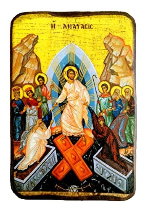 Iconsgr Wooden Greek Christian Orthodox Wood Icon of the Resurrection / A0 - Image 1