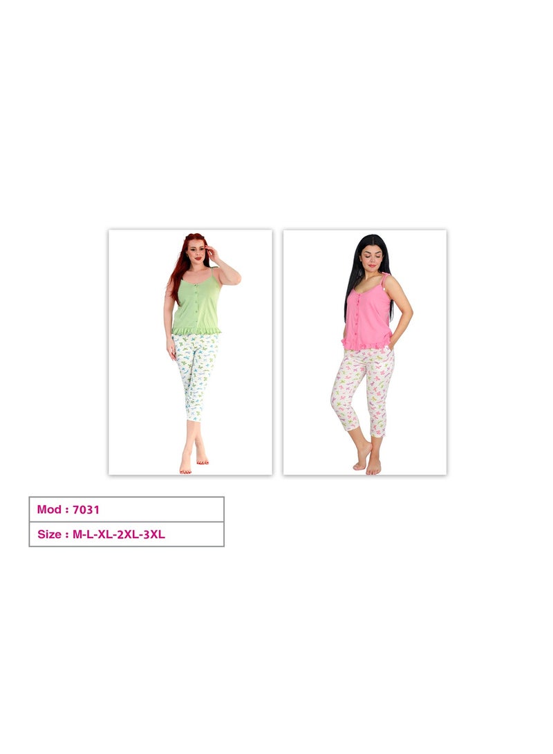 Dadoush Women's Polyester Cotton Green Pink Casual Cap and Camisole Set - Image 5