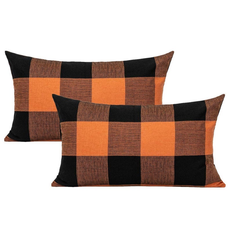VAKADO 12x20 Inch Set of 2 Buffalo Plaids Decorative Throw Pillow Cases Farmhouse Fall Retro Checkers Lumbar Rectangle Cushion Covers Home Decor for Sofa Couch  Orange and Black - Image 1