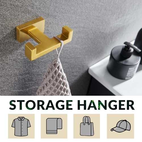 APLusee Double Robe Towel Hook Brushed Gold, 304 Stainless Steel Bathroom Hand Towel Holder, Clothes Wall Hanger for Toilet Kitchen Cabinet - Image 2
