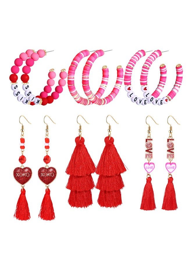 ARATLENCH Valentines Day Earrings for Women 6/9 Pairs Valentine Heart Earrings Set Red XO XO LOVE Tassel Long Dangling Earrings Handmade Pink Heishi Beaded Hoop Stud Earrings Glitter Rhinestone Pearl Studs - Image 1