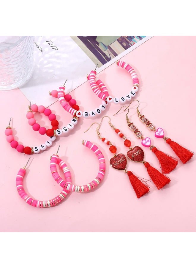 ARATLENCH Valentines Day Earrings for Women 6/9 Pairs Valentine Heart Earrings Set Red XO XO LOVE Tassel Long Dangling Earrings Handmade Pink Heishi Beaded Hoop Stud Earrings Glitter Rhinestone Pearl Studs - Image 4