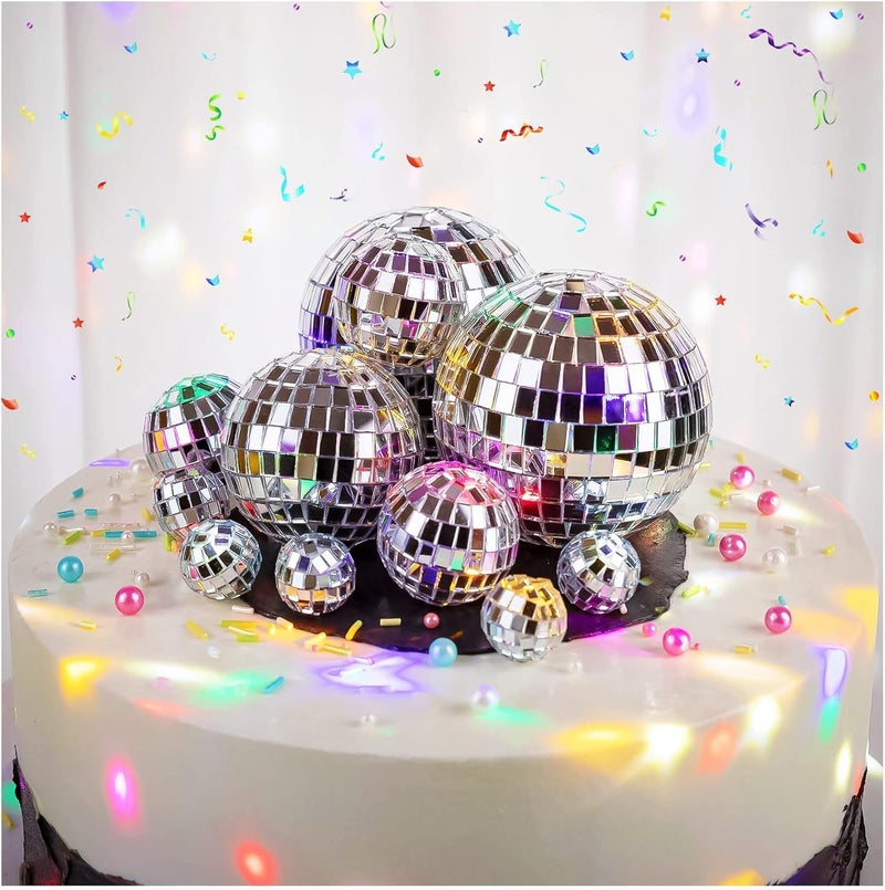 KFPPLXQ Disco Ball Cake Toppers 1970s Mini Silver Ball Decorations 12 Pcs Disco Party Decorations for 70s Themed Cake Toppers for Birthday 4 Sizes - Image 2