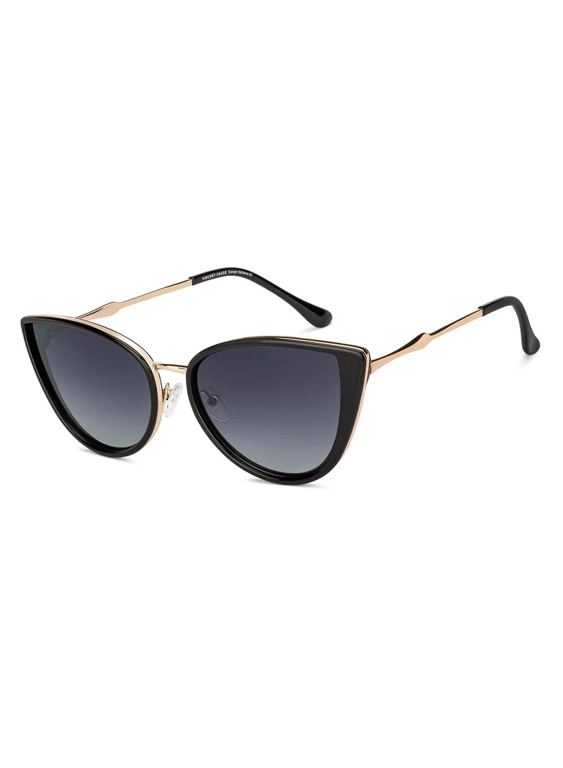 VINCENT CHASE Vincent Chase By Lenskart | Gold Black Grey Full Rim Cat Eye Branded Latest and Stylish Sunglasses | Polarized and 100% UV Protected | Men & Women | Large | VC S11759
