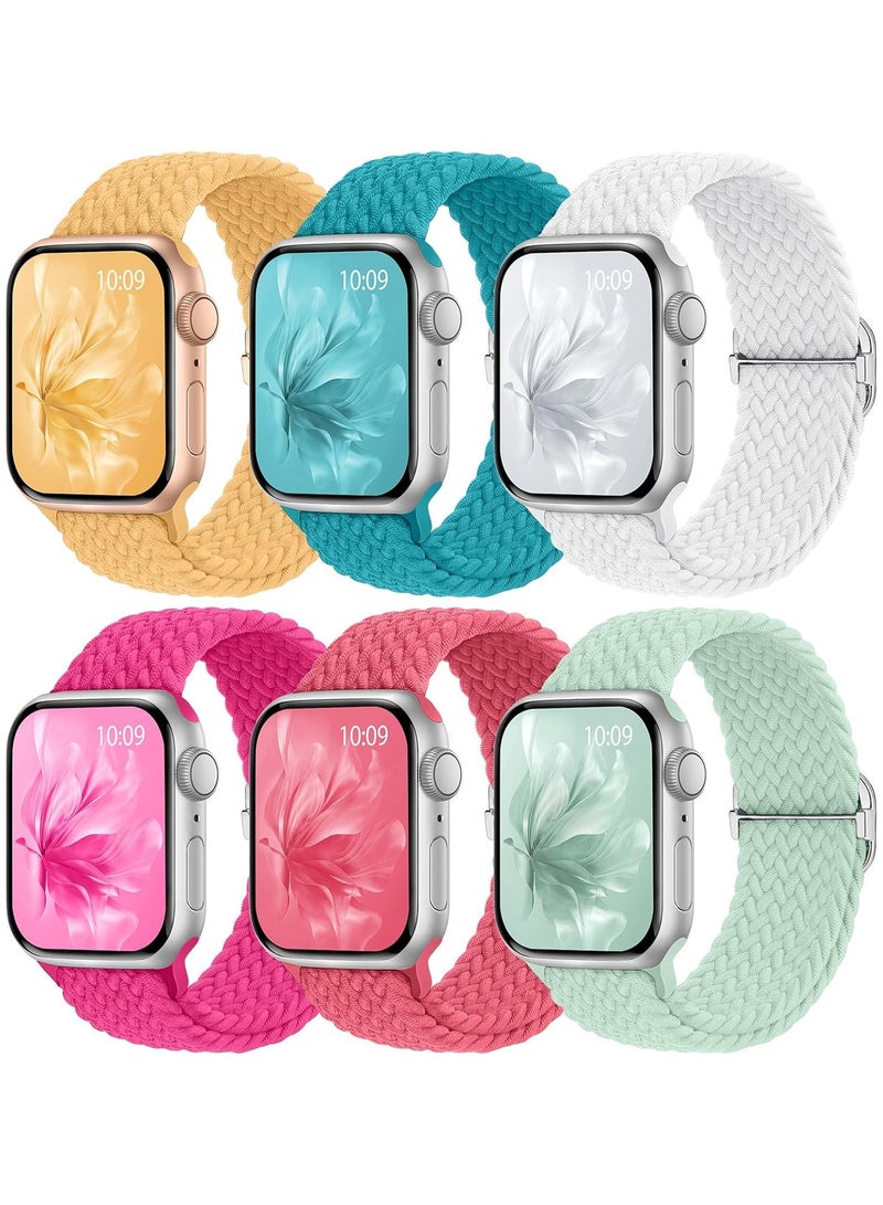 6 Pack Braided Stretchy Bands Compatible with Apple Watch Band 38mm 40mm 41mm 42mm Women Men, Adjustable Nylon Solo Loop Elastic Straps for iWatch Series 10 9 8 7 6 5 4 3 SE Ultra - Image 1