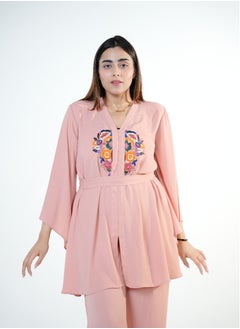 Generic Printkari City Coords Set Peachy-Pink Chiffon Georgette with Handwork and Bell Sleeves  - Image 1