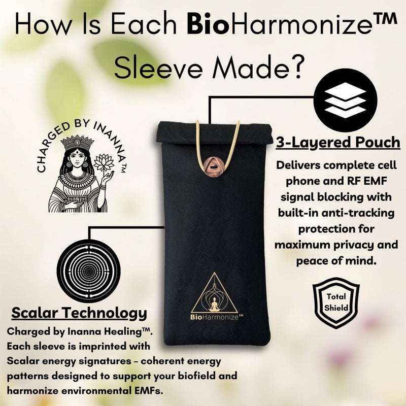 BioHarmonize EMF Shield Phone Sleeve - Full Privacy & RF Signal Blocking, Double Shielding Faraday Fabric, Quantum Harmonization Tech - Image 3