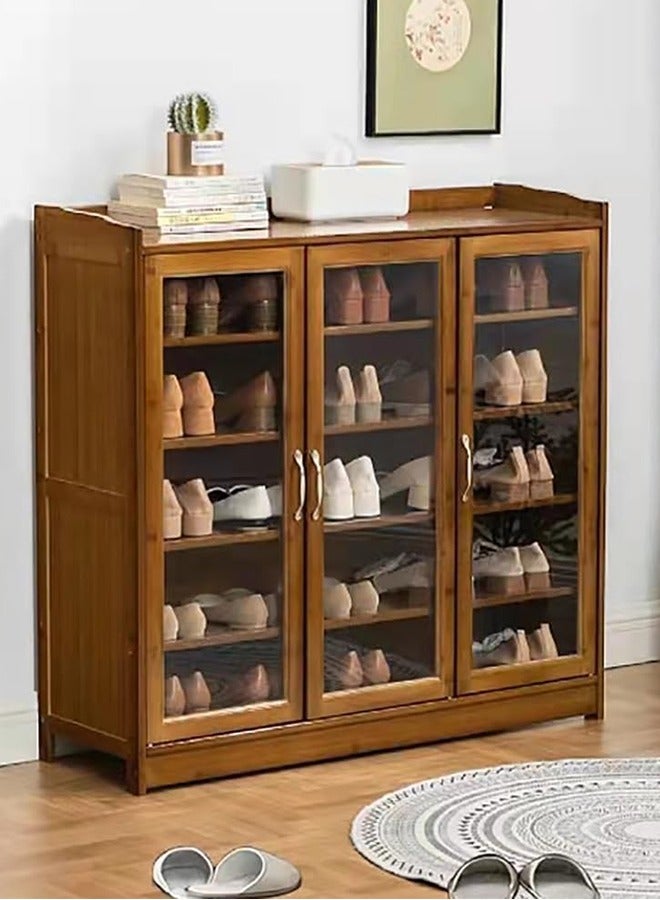 JCB CHIC Shoe Cabinet, Bamboo Wood Storage Cabient with Clear Doors for Shoes, Books, Decor items or Collectibles Display and Storage, Vintage Sideboard Cabinet for Entryway Hallway Bedroom Living Room (Brown) - Image 1