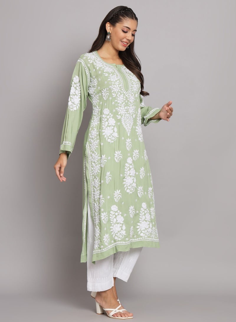 Alaya Hand Embroidered Chikankari Modal Straight Kurta-AL3682  - Image 3