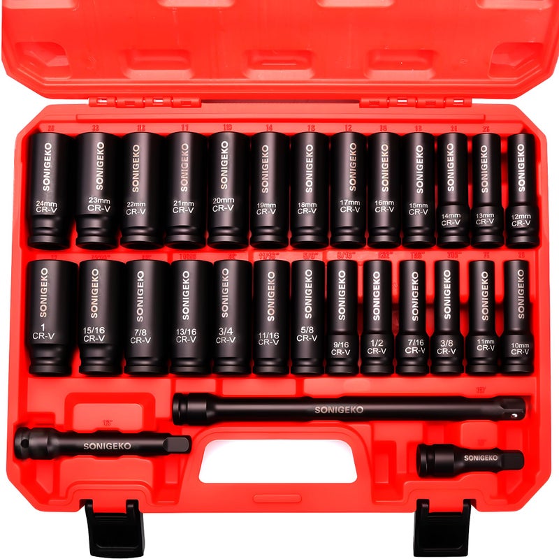 29Piece 12 Drive Impact Sockets Set 6 Point Deep Standard SAE and Metric CRV Steel Sockets with 3510 extension bar Metric and SAE 12 Socket Sets 29pcs