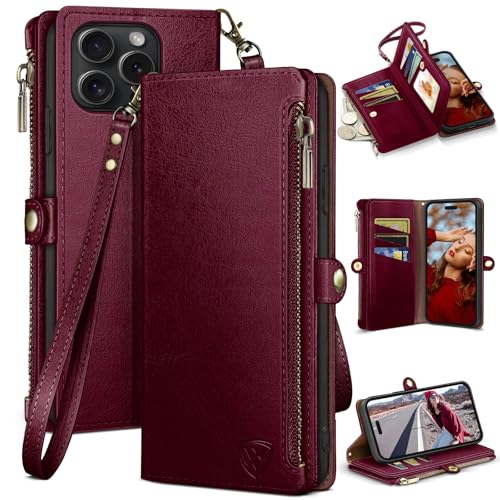 XcaseBar compatible with iPhone 15 Pro 6.1" Wallet case with Zipper Credit Card Holder【RFID Blocking】,Flip Folio Book PU Leather Phone case Shockproof Cover Men Women for Apple 15Pro case Wine Red - Image 1