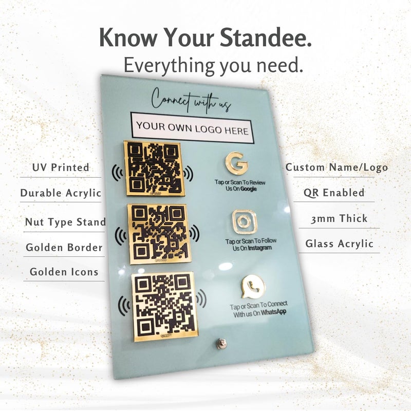 Tinydabba 3-in-1 Custom QR & NFC Standee – Personalized Acrylic Display for Reviews, Instagram, WhatsApp, Facebook, LinkedIn, Catalog, Website, Youtube, UPI or any– UV Printed, 6x9 Inch, Golden QR, Logo & Color Options - Image 4