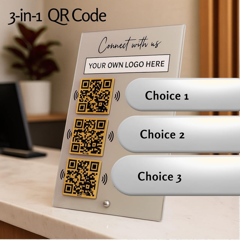 Tinydabba 3-in-1 Custom QR & NFC Standee – Personalized Acrylic Display for Reviews, Instagram, WhatsApp, Facebook, LinkedIn, Catalog, Website, Youtube, UPI or any– UV Printed, 6x9 Inch, Golden QR, Logo & Color Options - Image 2