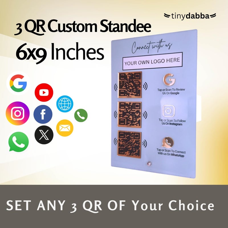 Tinydabba 3-in-1 Custom QR & NFC Standee – Personalized Acrylic Display for Reviews, Instagram, WhatsApp, Facebook, LinkedIn, Catalog, Website, Youtube, UPI or any– UV Printed, 6x9 Inch, Golden QR, Logo & Color Options - Image 3