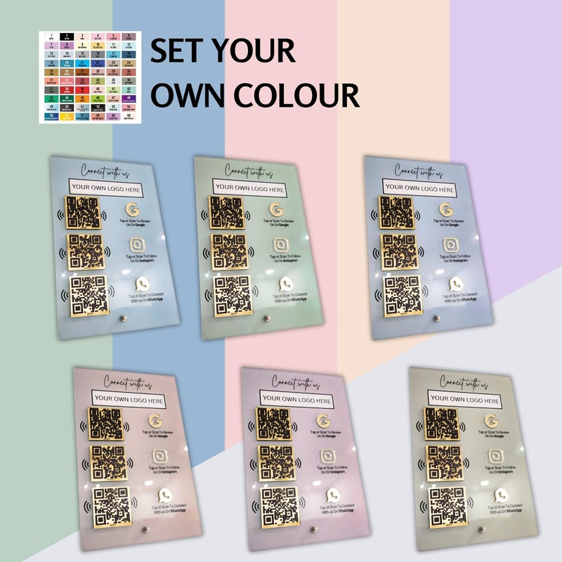 Tinydabba 3-in-1 Custom QR & NFC Standee – Personalized Acrylic Display for Reviews, Instagram, WhatsApp, Facebook, LinkedIn, Catalog, Website, Youtube, UPI or any– UV Printed, 6x9 Inch, Golden QR, Logo & Color Options - Image 5