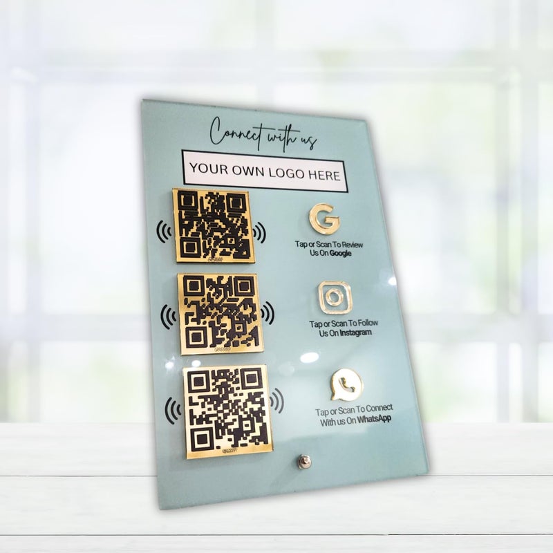 Tinydabba 3-in-1 Custom QR & NFC Standee – Personalized Acrylic Display for Reviews, Instagram, WhatsApp, Facebook, LinkedIn, Catalog, Website, Youtube, UPI or any– UV Printed, 6x9 Inch, Golden QR, Logo & Color Options - Image 1