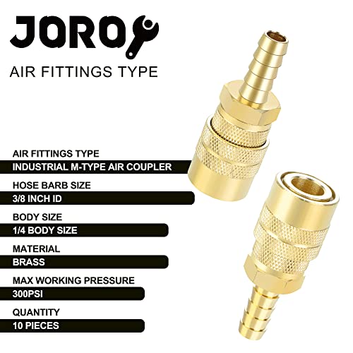 JOROY Air Coupler with 3/8 Hose Barb, Industrial M-Type, 1/4 Inch Body Size, Brass Material, 10 Pieces Air Compressor Hose Fittings - Image 2