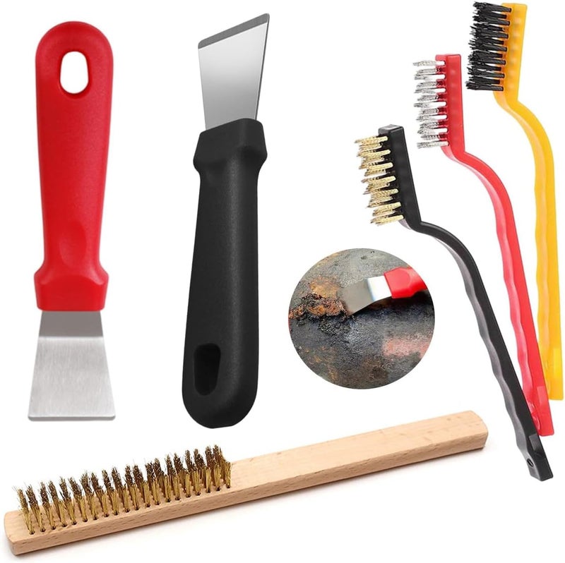 6-in-1 Heavy Duty Cleaning Kit | Rust & Grease Remover with 2 Non-Scratch Scrapers + 3 Wire Brushes + Large Brass Brush | Perfect for Ovens, Grills & Metal Surfaces - Image 1
