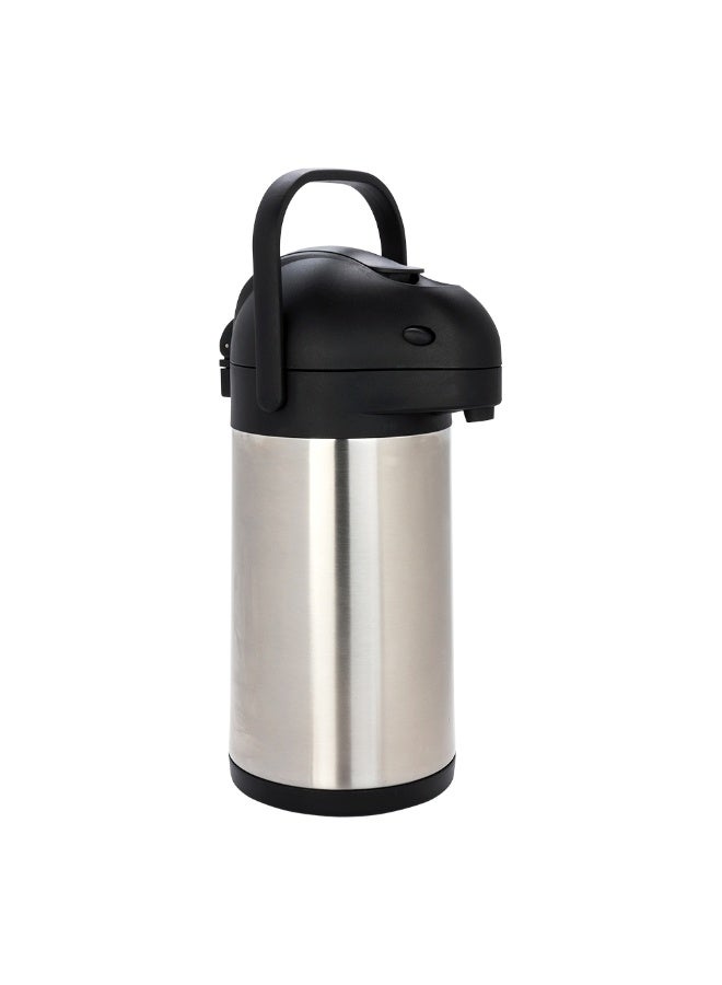 Restaurantware Met Lux 3 Liter Coffee Dispenser, 1 Pump Lever Coffee Pump Dispenser - 24 Hour Heat Retention, Built-In Handle, Silver Stainless Steel Airpot Thermal Coffee Carafe, For Airports - Image 1