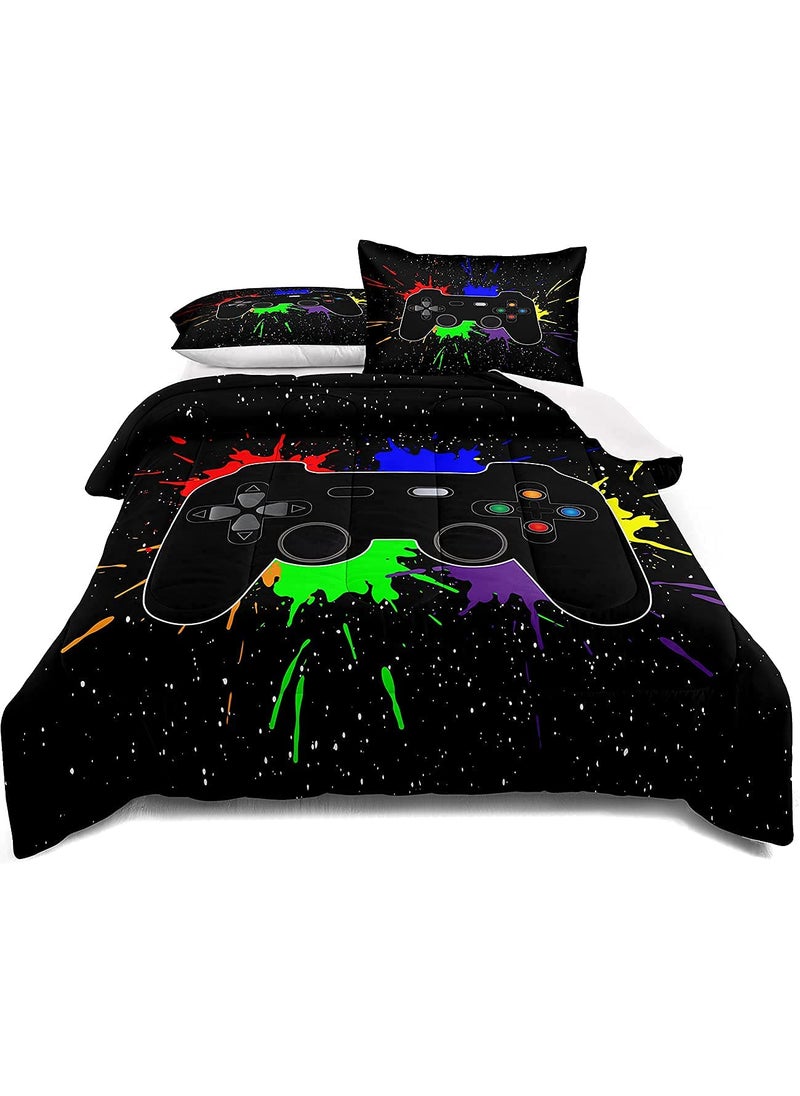 lris Bedding Gaming Bedding Set Twin Size Gamer Comforter Set for Boys Girls Kids Teens Soft Microfiber Colorful Modern Buttons Video Game Bedding Decorative Controller Pattern Design with Pillow Sham  - Image 1