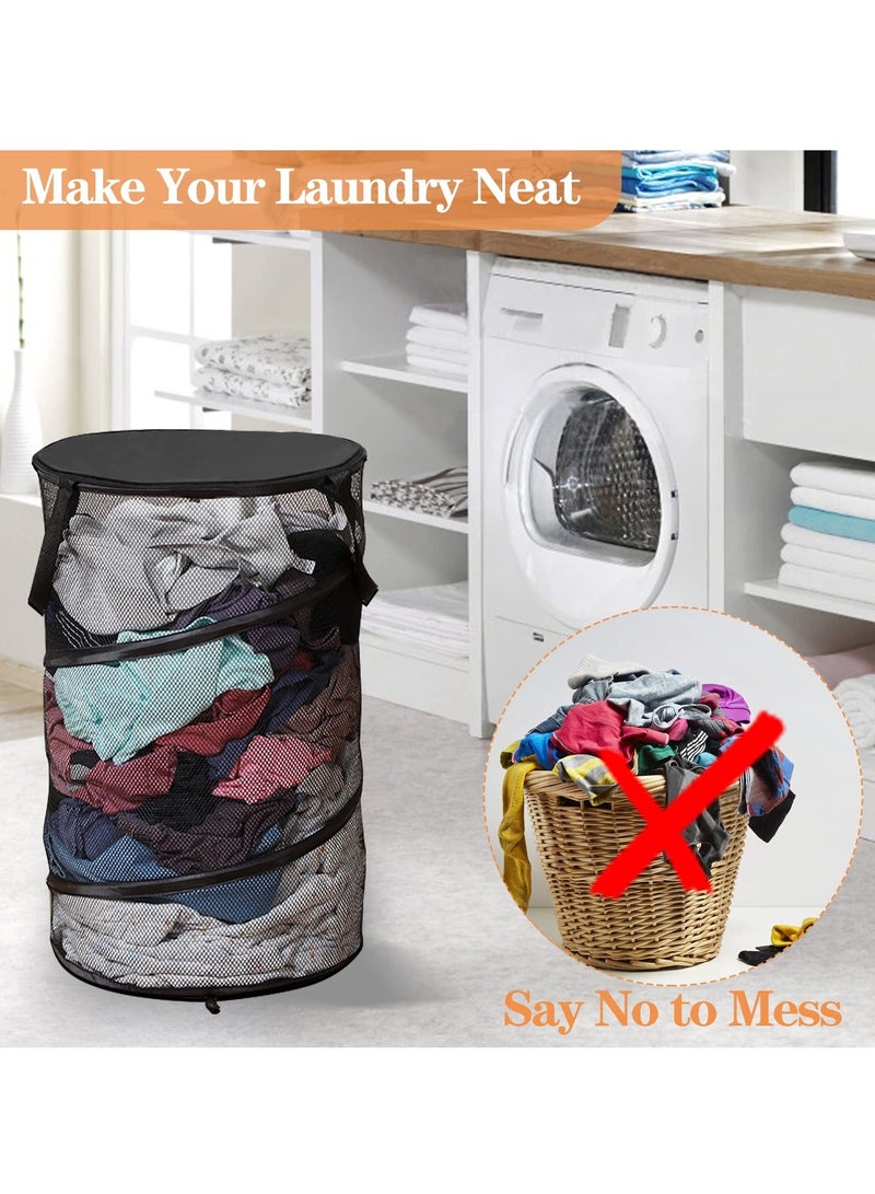 Y&D 2PCS Collapsible Round Popup Laundry Hamper with Lid Set, Foldable Mesh Basket Reinforced Carry Handles Solid Bottom, Large Double Clothes for College Dorm Travel  - Image 4