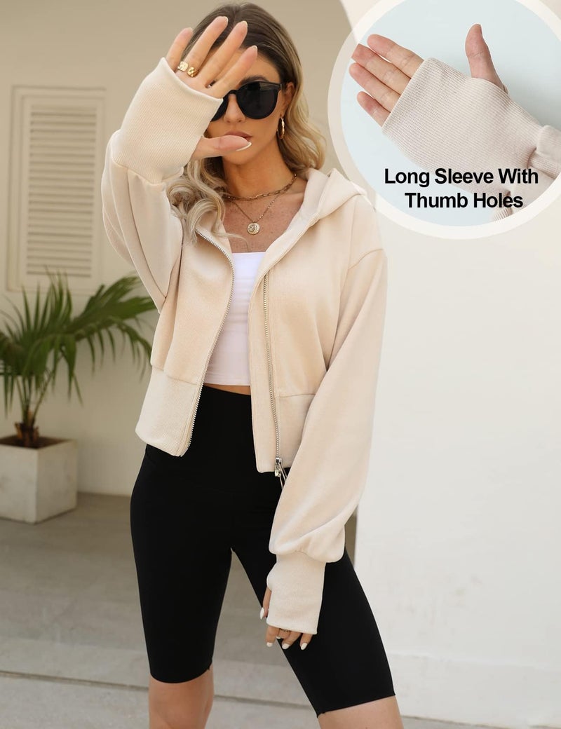 Arssm Cropped Hoodie Women Long Sleeve Sweatshirts Casual Fashion Hooded Zip up Workout Jacket with Thumb Holes (Beige-XS) - Image 3