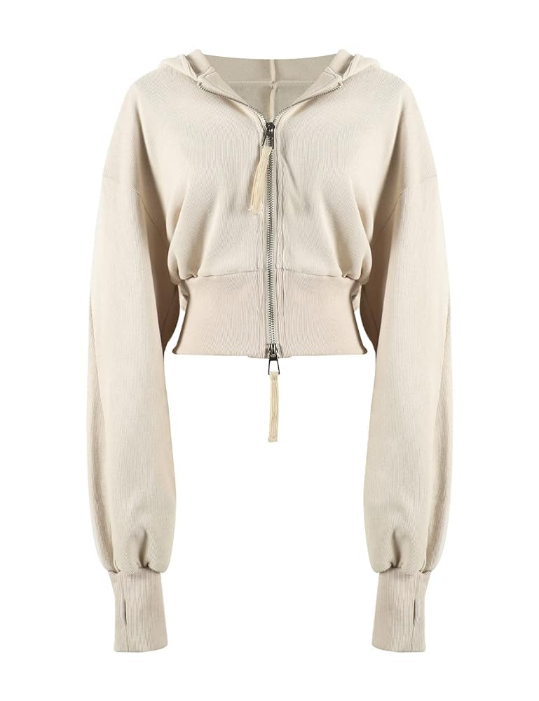 Arssm Cropped Hoodie Women Long Sleeve Sweatshirts Casual Fashion Hooded Zip up Workout Jacket with Thumb Holes (Beige-XS) - Image 1