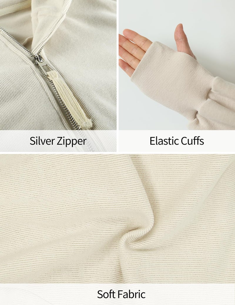 Arssm Cropped Hoodie Women Long Sleeve Sweatshirts Casual Fashion Hooded Zip up Workout Jacket with Thumb Holes (Beige-XS) - Image 5
