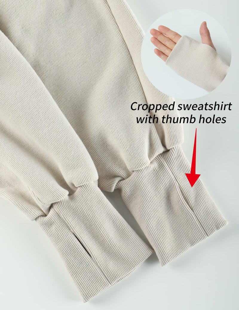 Arssm Cropped Hoodie Women Long Sleeve Sweatshirts Casual Fashion Hooded Zip up Workout Jacket with Thumb Holes (Beige-XS) - Image 4