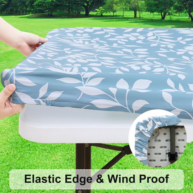 misaya Rectangle Vinyl Tablecloth, Fitted Table Cover, 100% Waterproof, Elastic Edge, Flannel Backing, Plastic Table Cloth Fit 6 Foot Folding Tables for Easter, Picnic (Blue Leaves, 30x72 inch) - Image 2