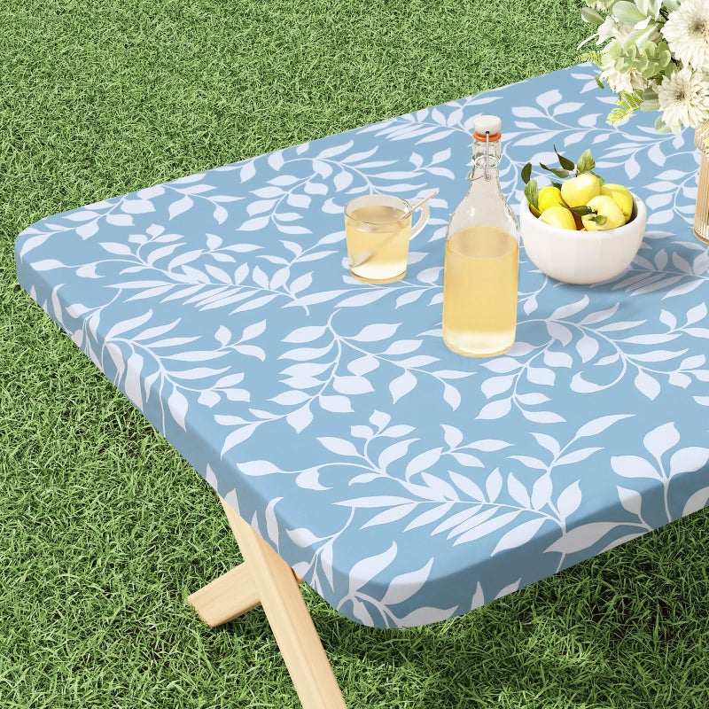 misaya Rectangle Vinyl Tablecloth, Fitted Table Cover, 100% Waterproof, Elastic Edge, Flannel Backing, Plastic Table Cloth Fit 6 Foot Folding Tables for Easter, Picnic (Blue Leaves, 30x72 inch) - Image 1