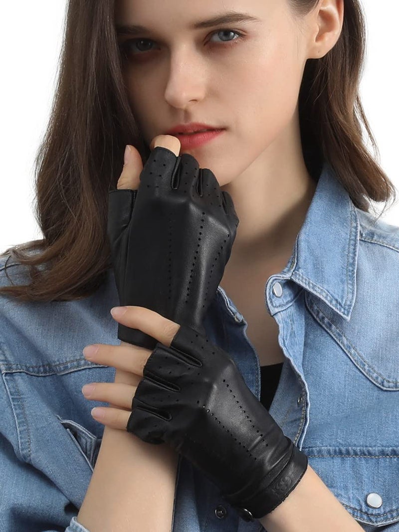 GSG SINCE 1998 GSG Women's Driving Gloves Fingerless Leather Motorcycle Gloves Unlined Half Finger Black Small - Image 1
