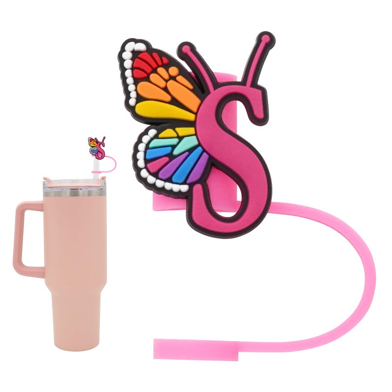 FadAcc Silicone Straw Cover for Stanley Cup Initial Letter Straw Cover Beautiful Butterfly Style Compatible with Stanley 4030 Oz Tumbler