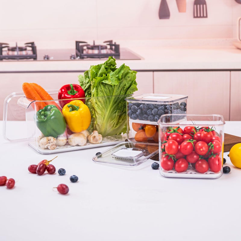 elabo Food Storage Containers Fridge Produce Saver- 3 Piece Set Stackable Refrigerator Organizer Keeper Drawers Bins Baskets with Lids and Removable Drain Tray for Veggie  Berry  Fruits and Vegetables - Image 4