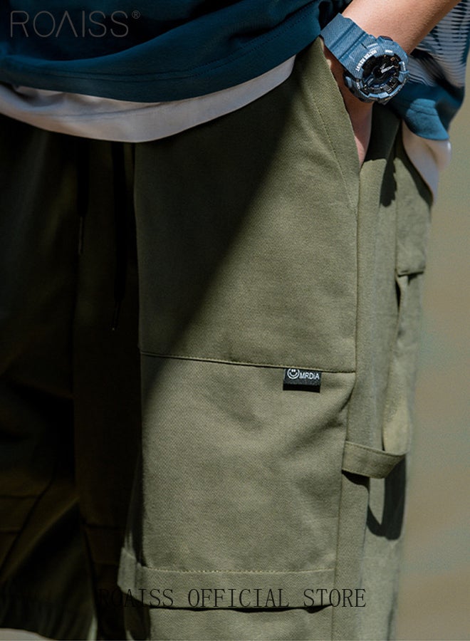 roaiss Men's Cotton Shorts, Outdoor Relaxed-Fit Athletic Shorts Multi-Functional Casual Drawstring Fringe Design Beach Shorts Men's Minimalist Comfortable Breathable Skin-Friendly Workwear, Green - Image 4