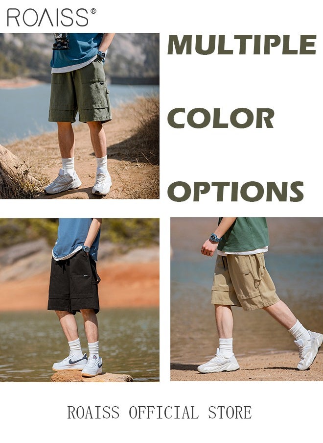 roaiss - Cotton Loose Outdoor Sports Shorts for Men Versatile Casual Drawstring Streamer Design Beach Shorts Mens Simple Comfortable Breathable Skin-Friendly Cargo Half Pants - Image 1