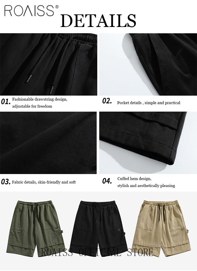 roaiss - Cotton Loose Outdoor Sports Shorts for Men Versatile Casual Drawstring Streamer Design Beach Shorts Mens Simple Comfortable Breathable Skin-Friendly Cargo Half Pants - Image 1
